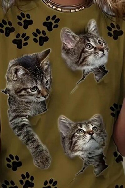 Mossta Khaki Color Single Jersey T-shirt - Cat and Paw Printed