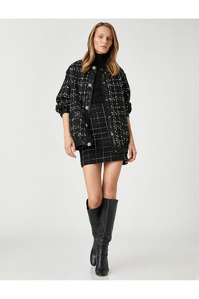 Koton Tweed Bomber Jacket Sequin Detailed Jewelled Buttoned Round Neck