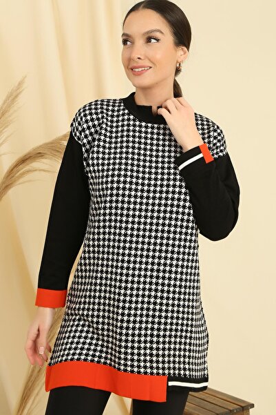 By Saygı Houndstooth Patterned Comfortable Fit Knitwear Tunic with Sleeve and Skirt End Stripe