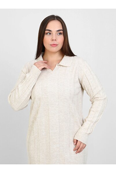 ALİA Polo Collar Large Size Knitwear Hijab Dress - Beige - Alia