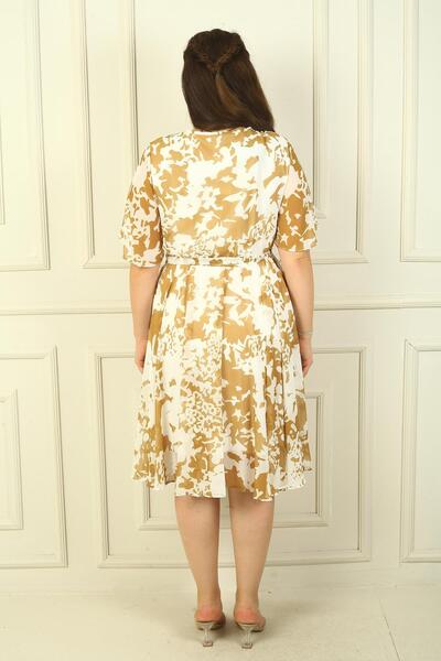 By Saygı Γυναικείο φόρεμα σιφόν με διπλό γιακά με μανίκια με επένδυση μέσης με μεγάλα τριαντάφυλλα