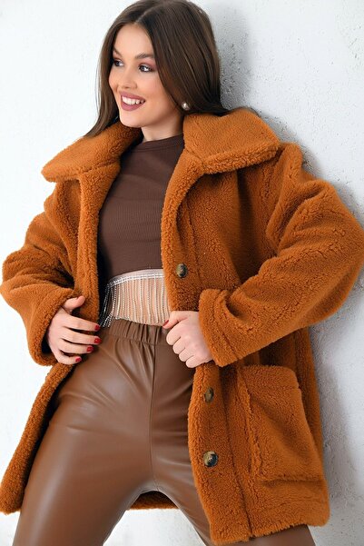 Vivika Kadın Geniş Ceket Yaka Torba Cepli Önden Düğmeli Basen Altı Peluş Mont