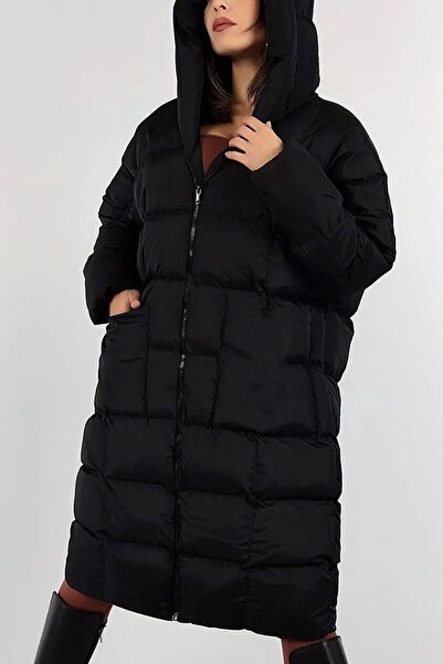 Vivika Kadın Kapüşonlu Cepli Fermuarlı Oversize Bol Kesim Diz Altı Boy Şişme ...