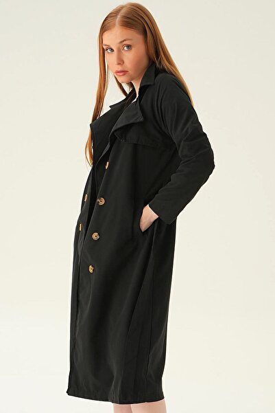 Genel Markalar Midi Boy Diz Altı İnce Mevsimlik Çift Cepli Düğme Detaylı Ceket Yaka Uzun Kollu Şık ve Cool Trençkot