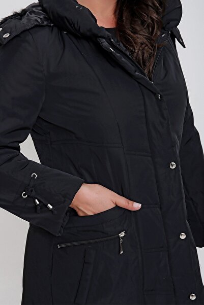 By Saygı Ταξιδιωτικό παλτό με κουκούλα από φτερό χήνας με επένδυση από ίνες Anorak Plus Size Μαύρο