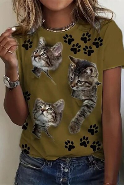 Mossta Khaki Color Single Jersey T-shirt - Cat and Paw Printed
