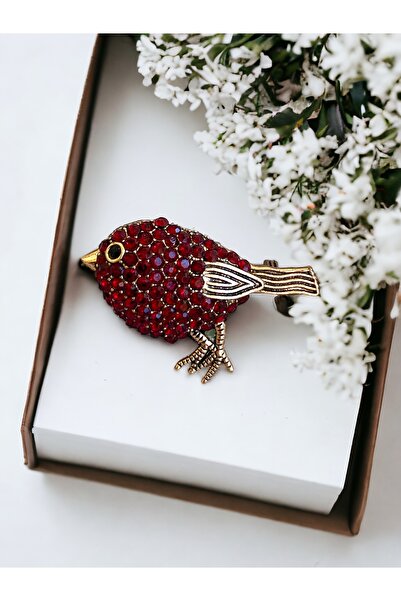 FAYRA ACCESSORIES Kırmızı Taşlı Kuş Broş