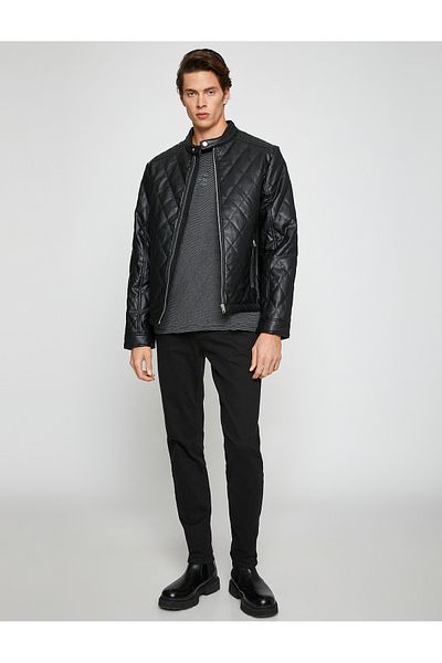 Koton Leather Look Jacket Bomber Collar Quilted Pocket Detailed Waterproof