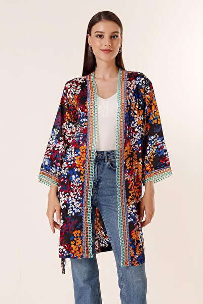 By Saygı Mixed Pattern Satin Long Kimono Jacket