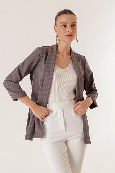 By Saygı Shawl Collar Wide Length Lycra Double Sleeve Length Slim Striped Fabric Jacket