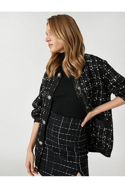 Koton Tweed Bomber Jacket Sequin Detailed Jewelled Buttoned Round Neck