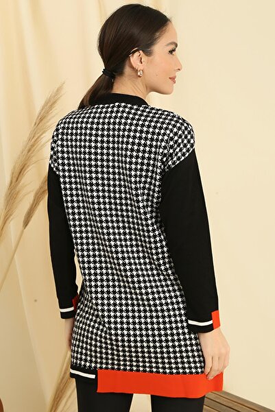 By Saygı Houndstooth Patterned Comfortable Fit Knitwear Tunic with Sleeve and Skirt End Stripe