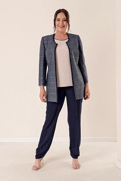 By Saygı Long Jacket with Stone Embroidered Pants B.B. Triple Set