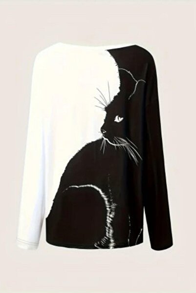 Mossta V-Neck Cat Printed Raised Diving Blouse Black