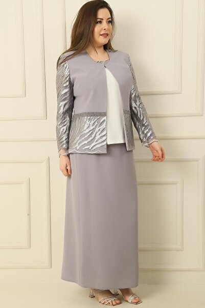 By Saygı Inside Half Moon Sleeve Blouse Sequin Embroidery Bead Detailed Jacket Skirt Lined Large Size 3-Piece Set