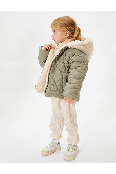 Koton Double Sided Hooded Plush Jacket - Quilted Zipper