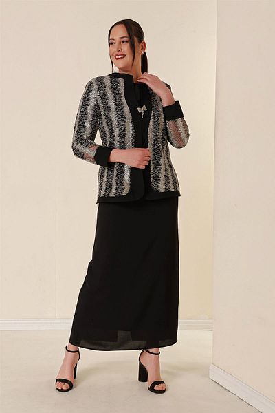 By Saygı Long Sleeve Lined Crepe Dress Garnished Glitter Organza Jacket Plus Size 2-Piece Set