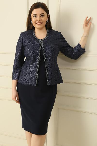 By Saygı Сукня з підкладкою та каменями на комірі, креп, пульпаєт, піджак, великий розмір, комплект з двох предметів