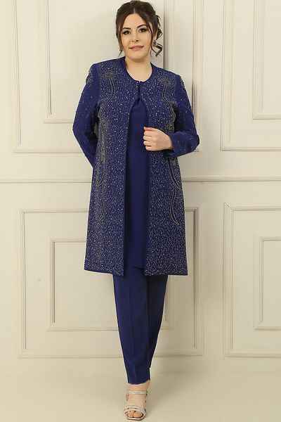 By Saygı Inner Sleeveless Blouse Stone Printed Lined Long Jacket Tight Leg Pants Large Size 3-Piece Set