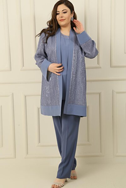 By Saygı Plus Size 3-Piece Set with Sequin Detailed Jacket Blouse and Trousers