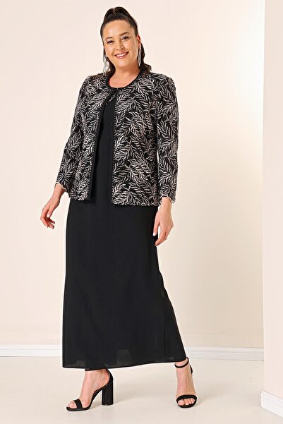 By Saygı Long Dress with Bead Embroidery on the Collar and Beaded Sequin Embroidery Jacket Lined Large Size 2-Piece Set