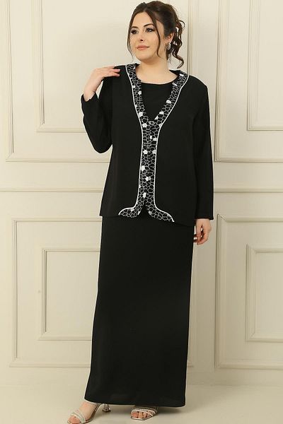 By Saygı Sleeveless Lined Long Dress Front Gilded Sequin Jacket Large Size Crepe 2-Piece Set