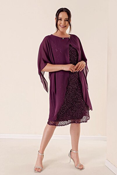 By Saygı Chiffon Cape Lined Sequin Plus Size Dress