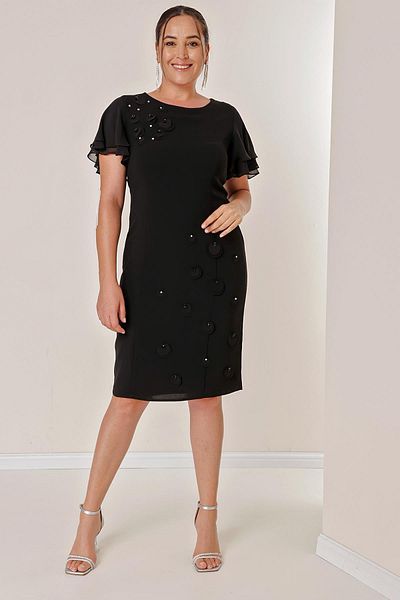 By Saygı Flounce Chiffon Sleeves Front 3D Bead Detail Lined Plus Size Dress