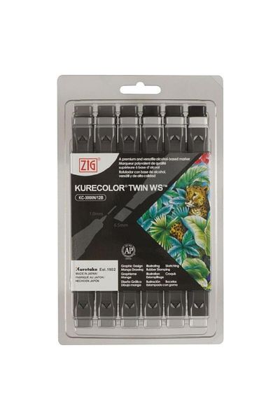 Zig Kurecolor Twin 12-Piece Hot Grey Marker Set - S Kc-3000/128 9