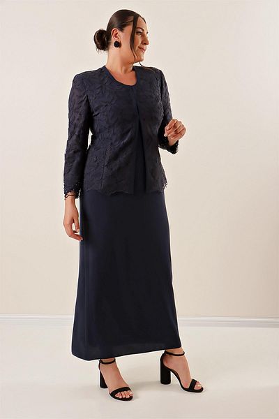 By Saygı Bead Embroidered Laced Lined Dress Coat Plus Size 2 Piece Set