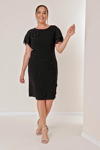 By Saygı Flounce Chiffon Sleeves Front 3D Bead Detail Lined Plus Size Dress