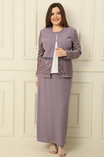 By Saygı Bluse mit Halbmondärmeln, Paillettenstickerei, Perlendetails, Jacke und Rock, gefüttert, große Größe, 3-teiliges Set