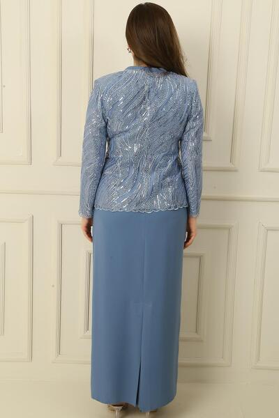 By Saygı Half Moon Sleeve Long Dress Bead Sequin Embroidered Tulle Jacket Lined Plus Size 2 Piece Set