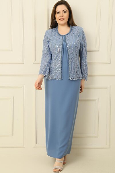 By Saygı Half Moon Sleeve Long Dress Bead Sequin Embroidered Tulle Jacket Lined Plus Size 2 Piece Set