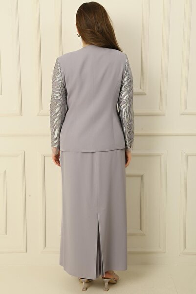 By Saygı Inside Half Moon Sleeve Blouse Sequin Embroidery Bead Detailed Jacket Skirt Lined Large Size 3-Piece Set