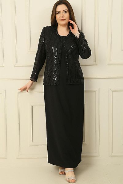 By Saygı Langes Kleid mit Halbmondärmeln, mit Perlen und Pailletten bestickt, Jacke aus Tüll, gefüttert, 2-teiliges Set in Übergröße