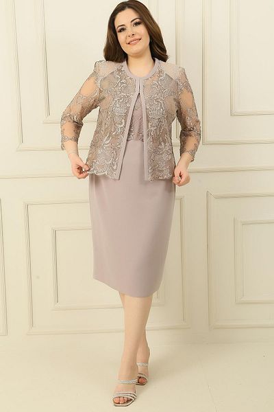 By Saygı Top Sequin Embroidered Lined Crepe Dress Sequin Embroidered Tulle Jacket Large Size 2-Piece Set