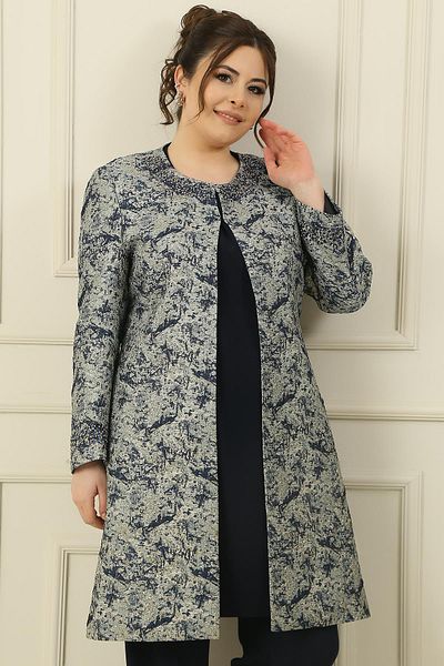 By Saygı Schmuck mit Steindetail an Kragen und Ärmeln, gefütterte Jacquardjacke mit Tanktop und Hose darin, große Größe, 3-teilig