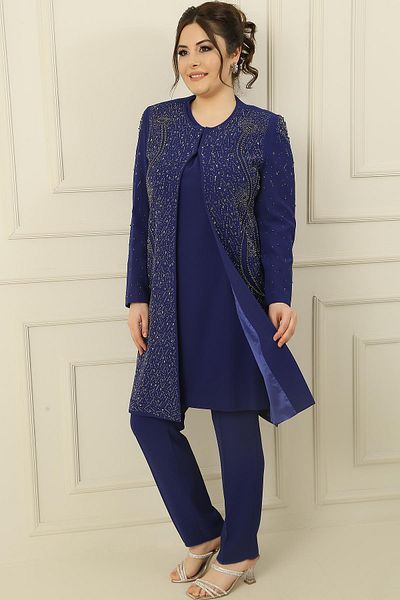 By Saygı Inner Sleeveless Blouse Stone Printed Lined Long Jacket Tight Leg Pants Large Size 3-Piece Set
