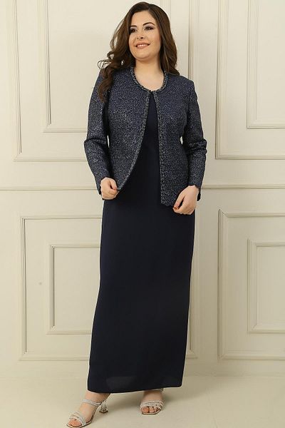 By Saygı Collar Stone Lined Long Crepe Dress Sequin Jacket Plus Size 2 Piece Set