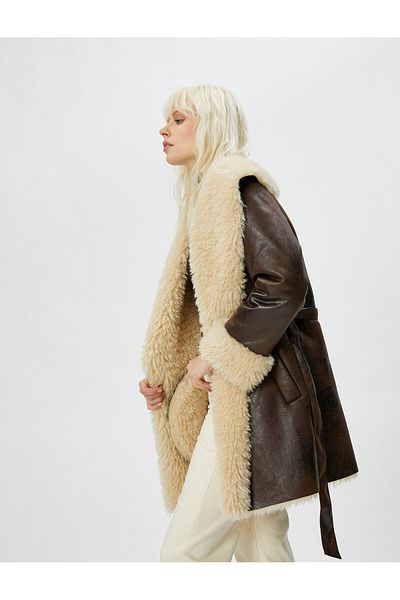 Koton Faux Leather Coat Faux Fur Belted Pocket Detailed