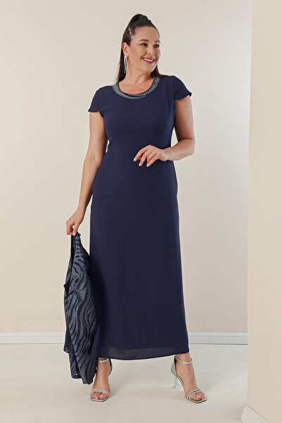 By Saygı Sequin Jacket Half Moon Sleeve Lined Crepe Dress Plus Size 2 Piece Set