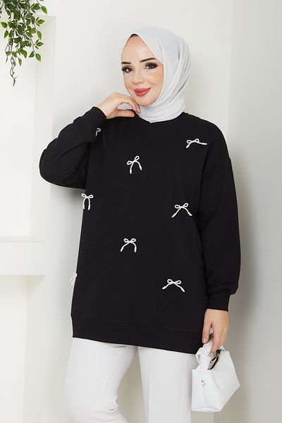 MOONSC Black Tunic with Pearl Bow Detail