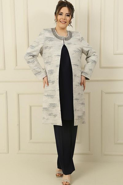 By Saygı Large Size 3-Piece Set with Stone Detailed Lined Jacquard Jacket and Tank Top Pants