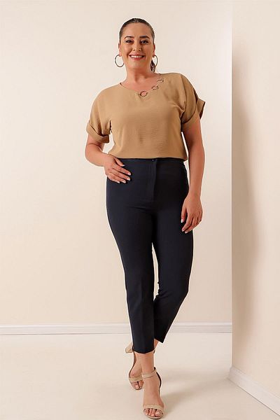 By Saygı Large Size Lycra Trousers - Pockets and Elastic Waist