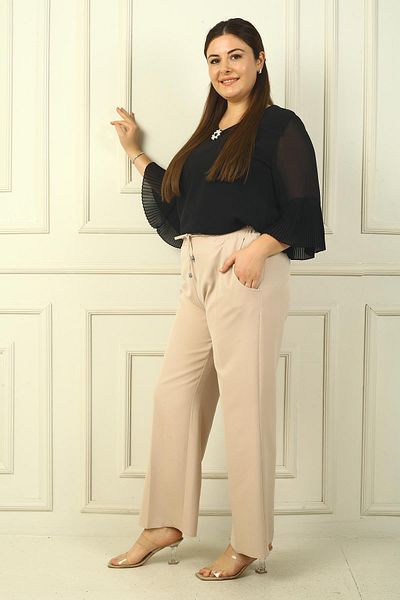 By Saygı Plus Size Viscose Palazzo Trousers - Side Pocket and Elastic Waist