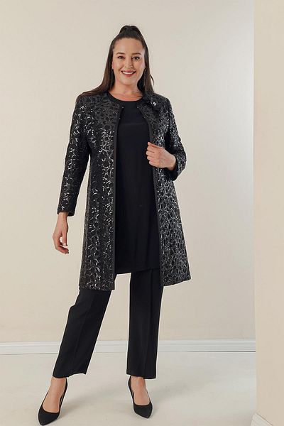 By Saygı Crepe Blouse with Side Slits, Sleeves and Sequin Lined Jacket and Trousers Plus Size 3-Piece Set