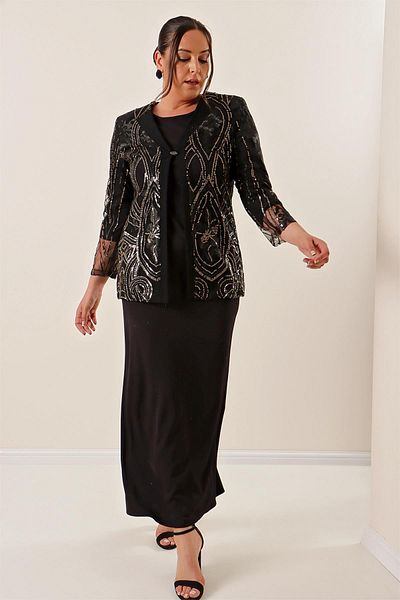 By Saygı Long Sleeve Lycra Dress Sequin Embroidered Tulle Jacket Plus Size Set of 2