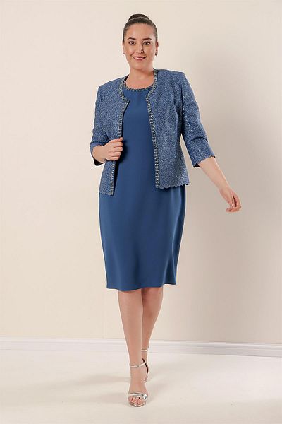 By Saygı Jewelled Collar Lined Crepe Dress Sequin Jacket Plus Size Double Set
