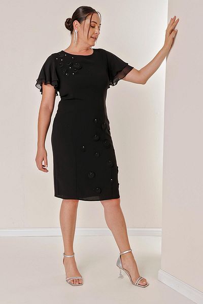 By Saygı Flounce Chiffon Sleeves Front 3D Bead Detail Lined Plus Size Dress